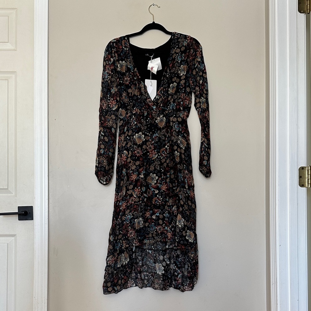 Long Sleeve Floral Black Dress Silk Blend Size Large NWT Elena Baldi